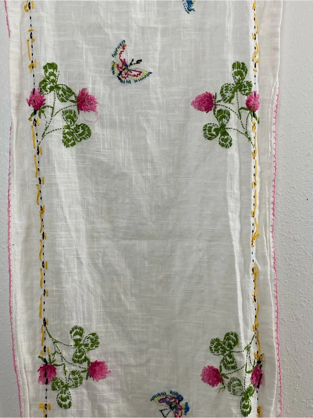 Vintage Embroidered Table Runner with Butterflies & Flowers
